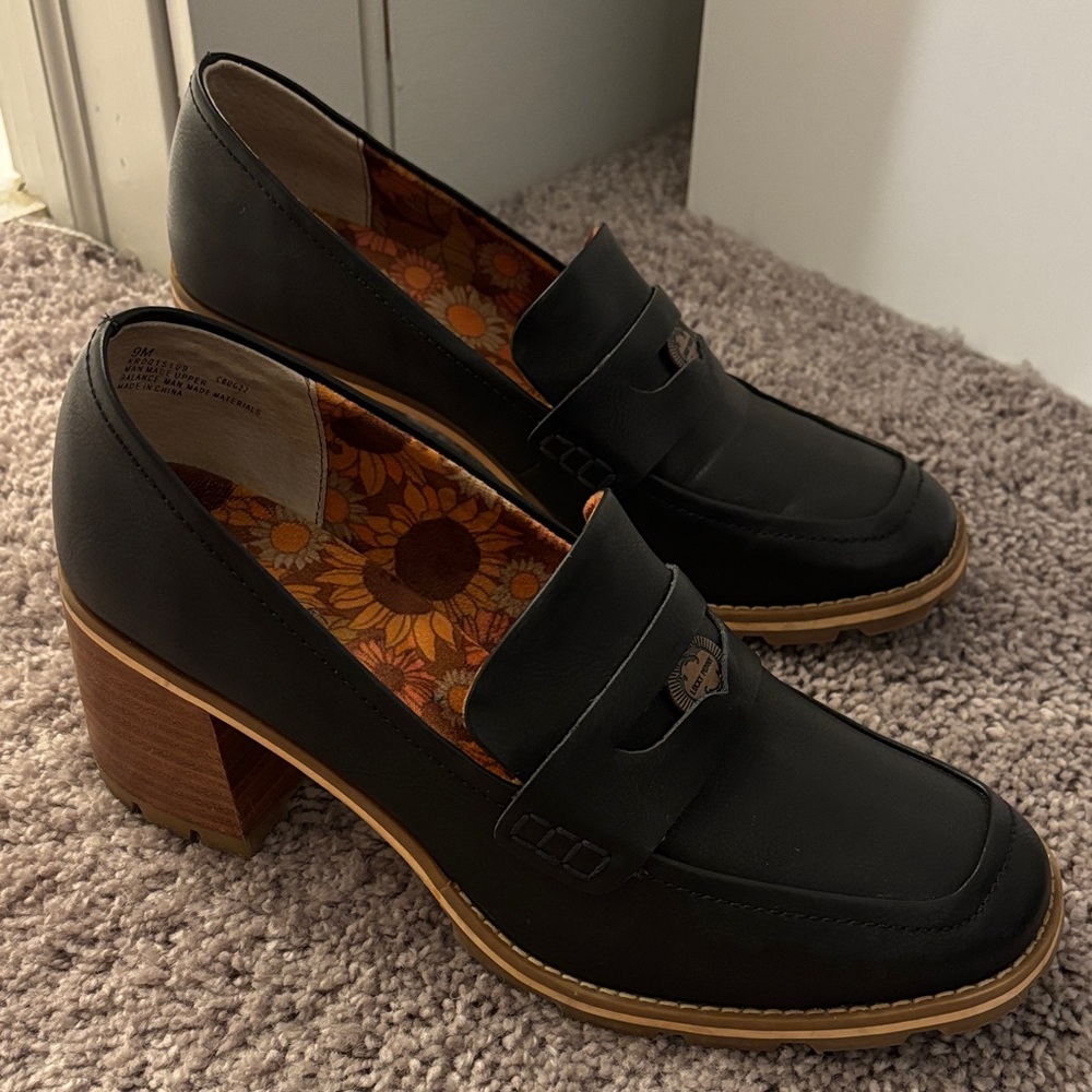 Women's Black Loafers with Block Heel